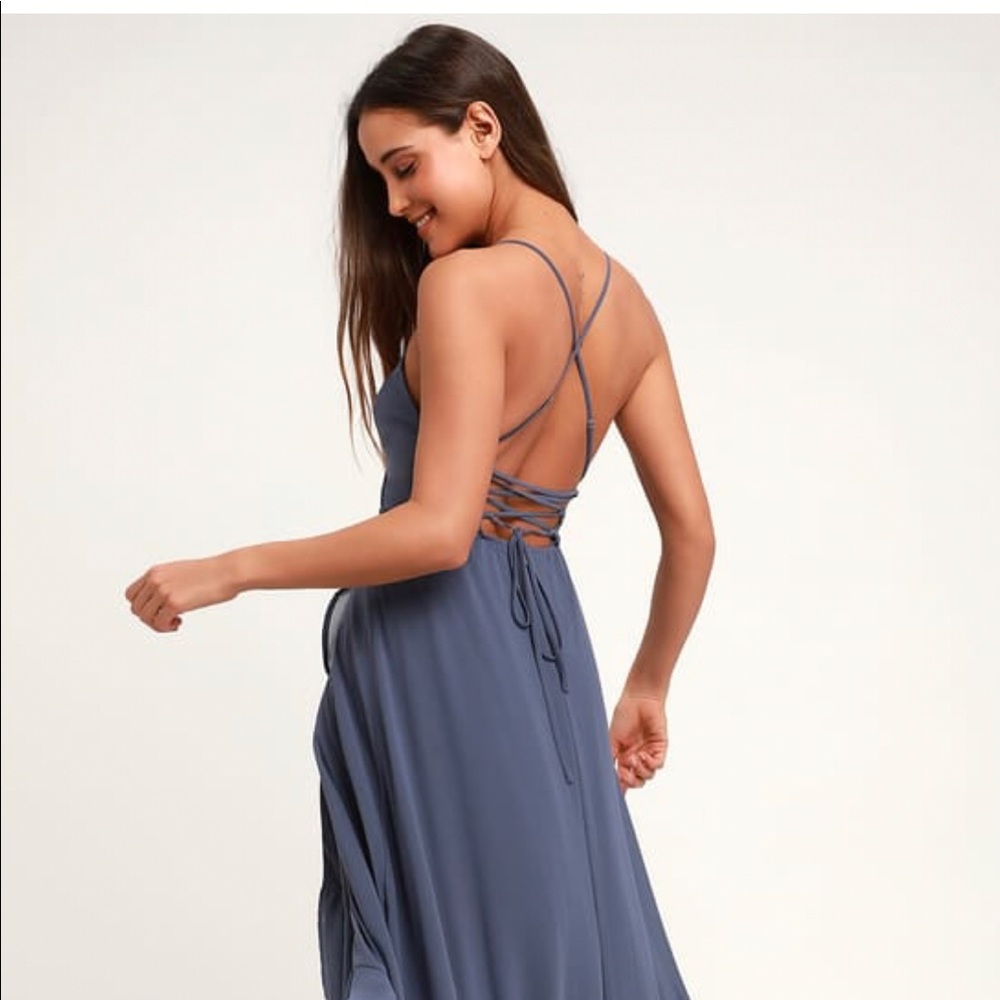 Lulus Granite Blue Lace-Up High-Low Maxi Dress
